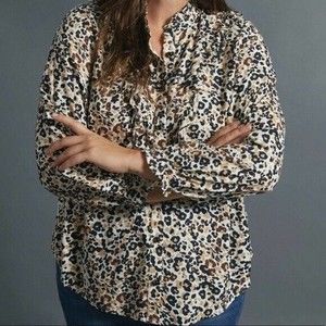 Anthropologie Maeve Womens 10 Katia Ruffled Leopard Print Button Up Shirt Top